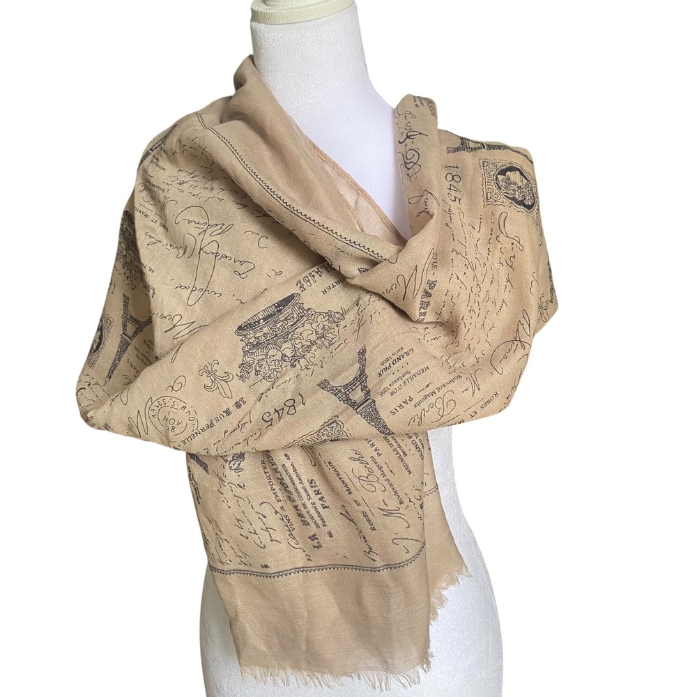 Vintage French Postcard Eiffel Tower Scarf Beige Navy‎ Blue Paris Wrap Shawl